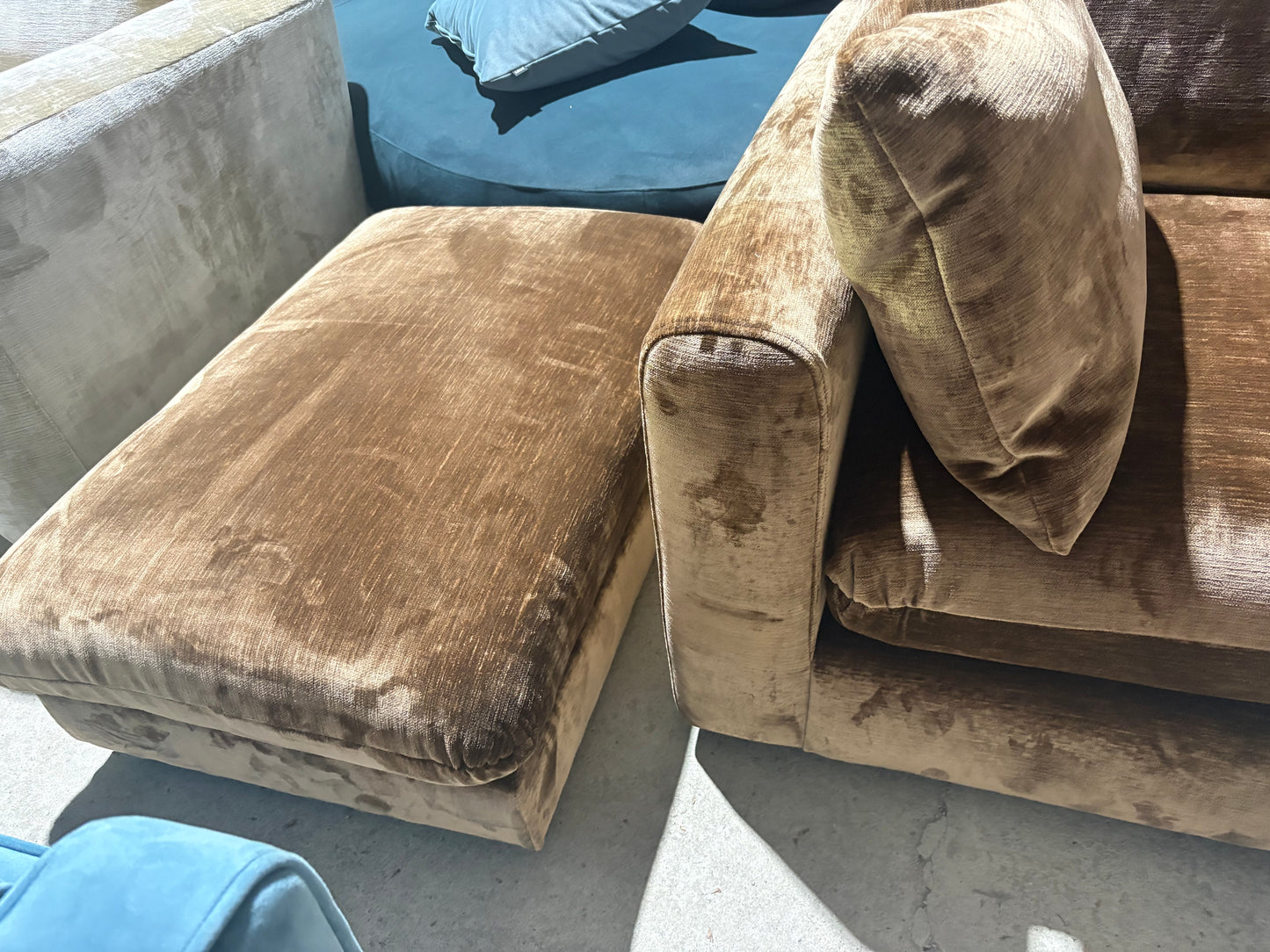 Chocolate Brown Velvet Cuddler Armchair and matching Footstool
