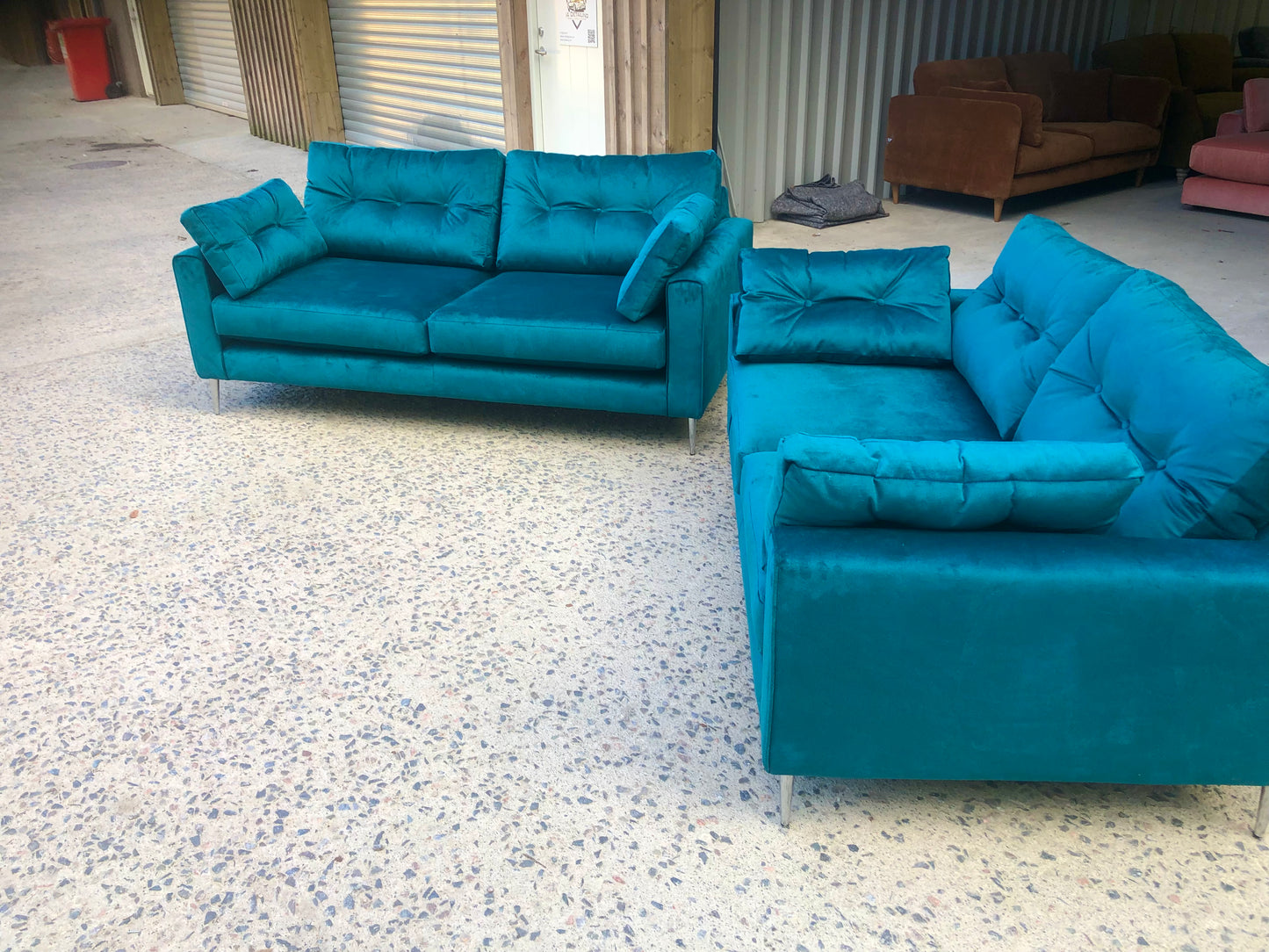 Matching pair of new Teal Velvet Sofas