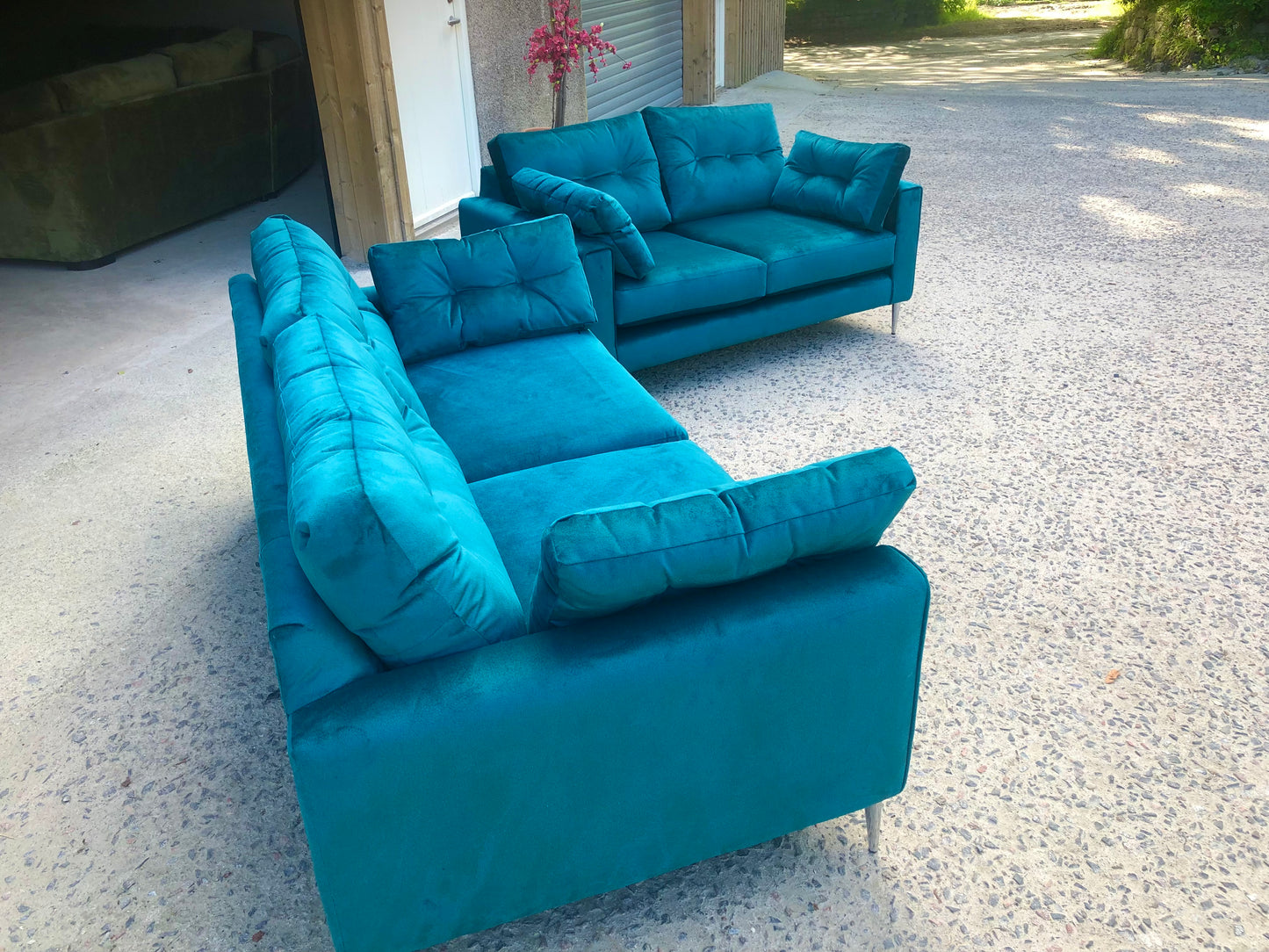 Matching pair of new Teal Velvet Sofas