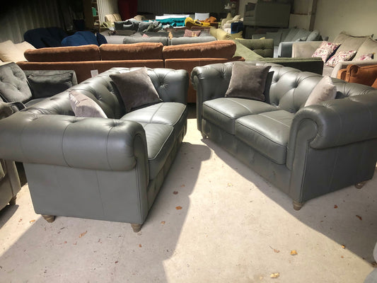 Pair of Grey Leather Chesterfield Sofas