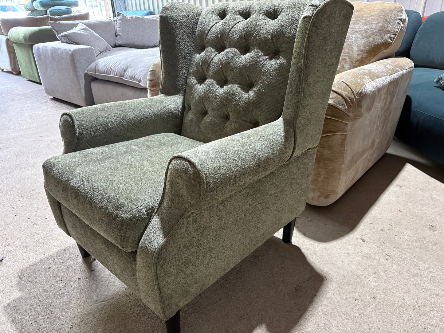 New end of season armchair in Sage Green