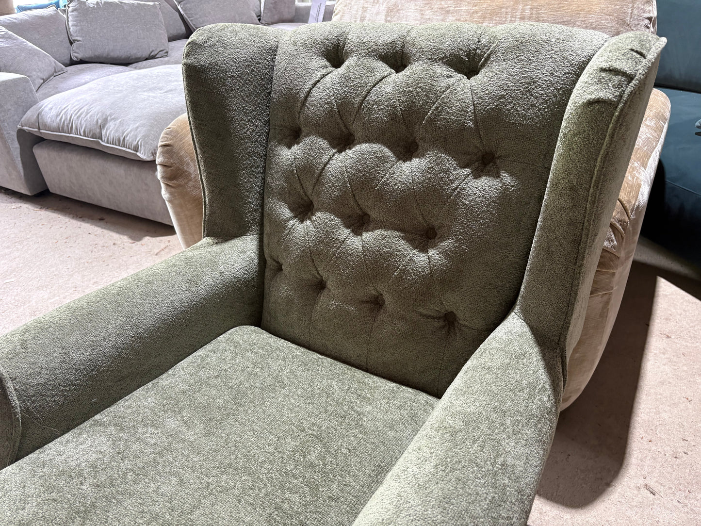 New end of season armchair in Sage Green