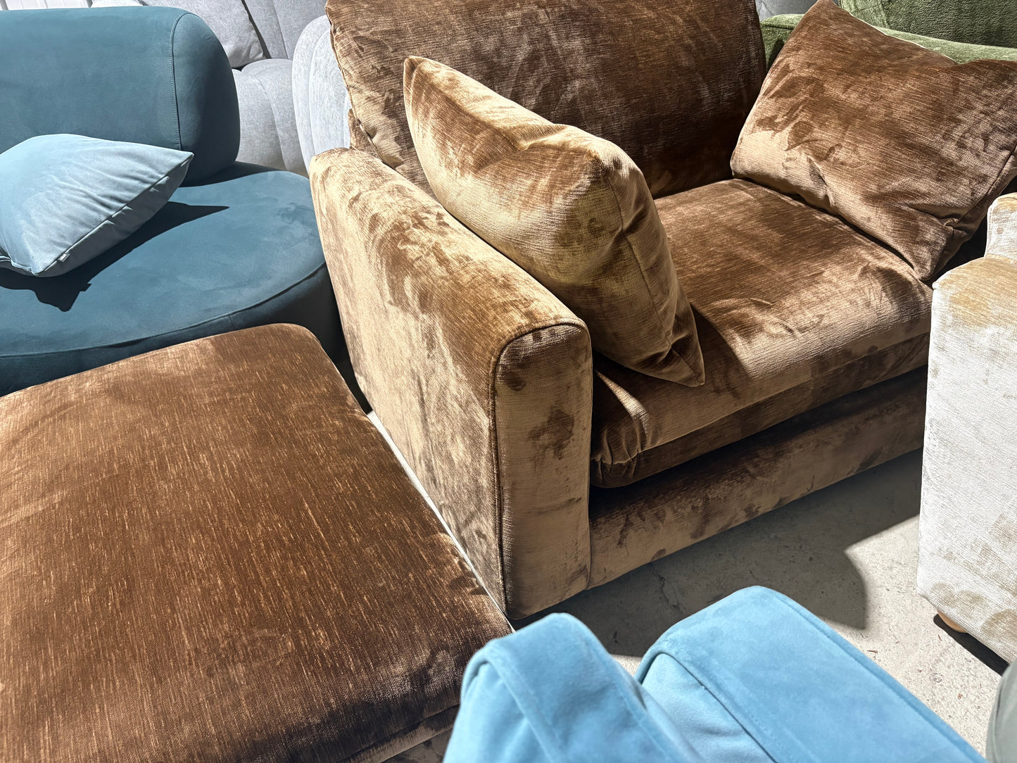 Chocolate Brown Velvet Cuddler Armchair and matching Footstool