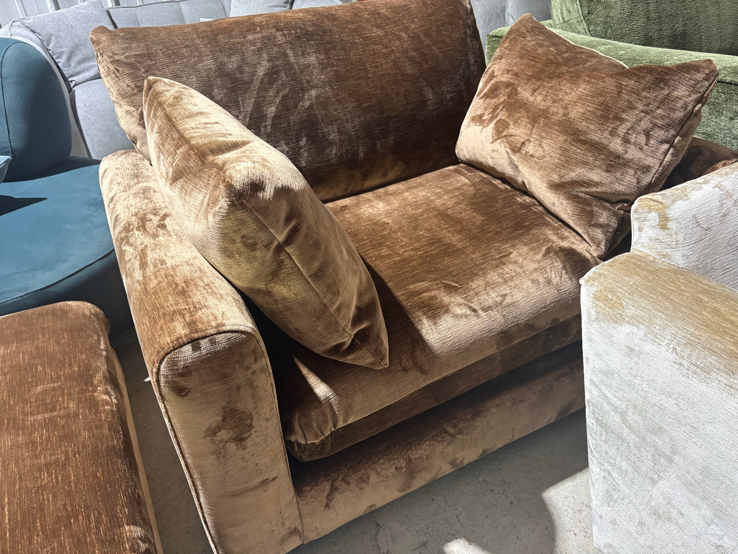 Chocolate Brown Velvet Cuddler Armchair and matching Footstool