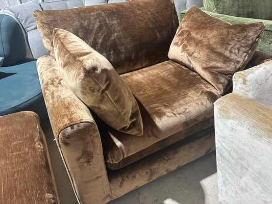 Chocolate Brown Velvet Cuddler Armchair and matching Footstool