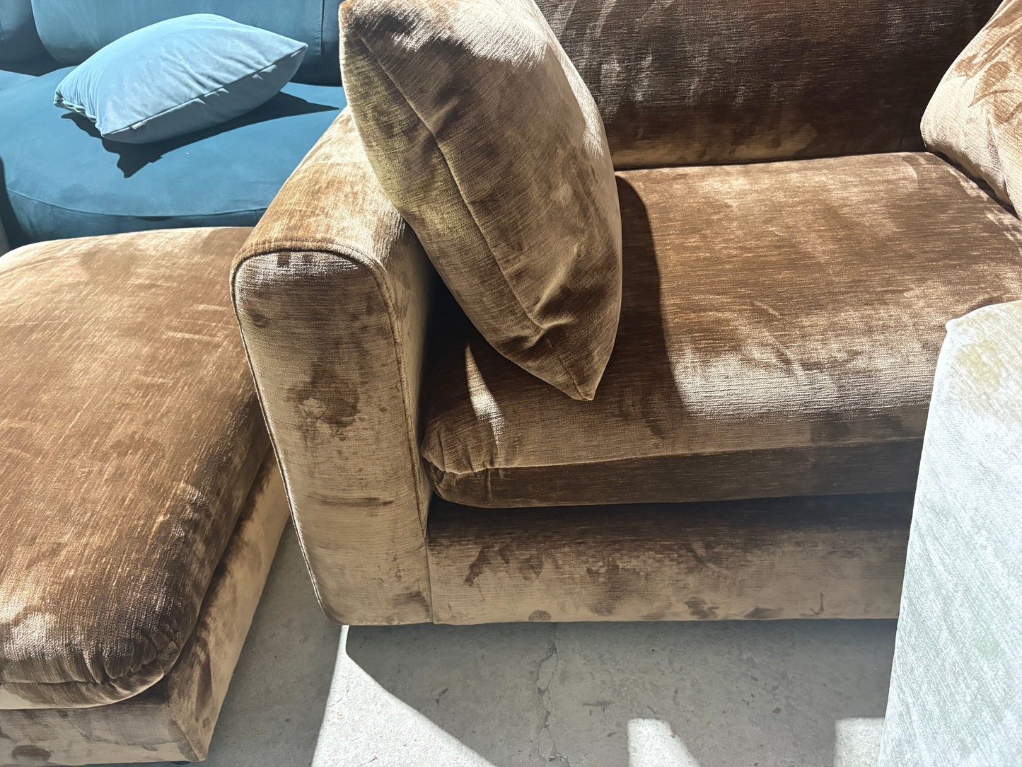 Chocolate Brown Velvet Cuddler Armchair and matching Footstool
